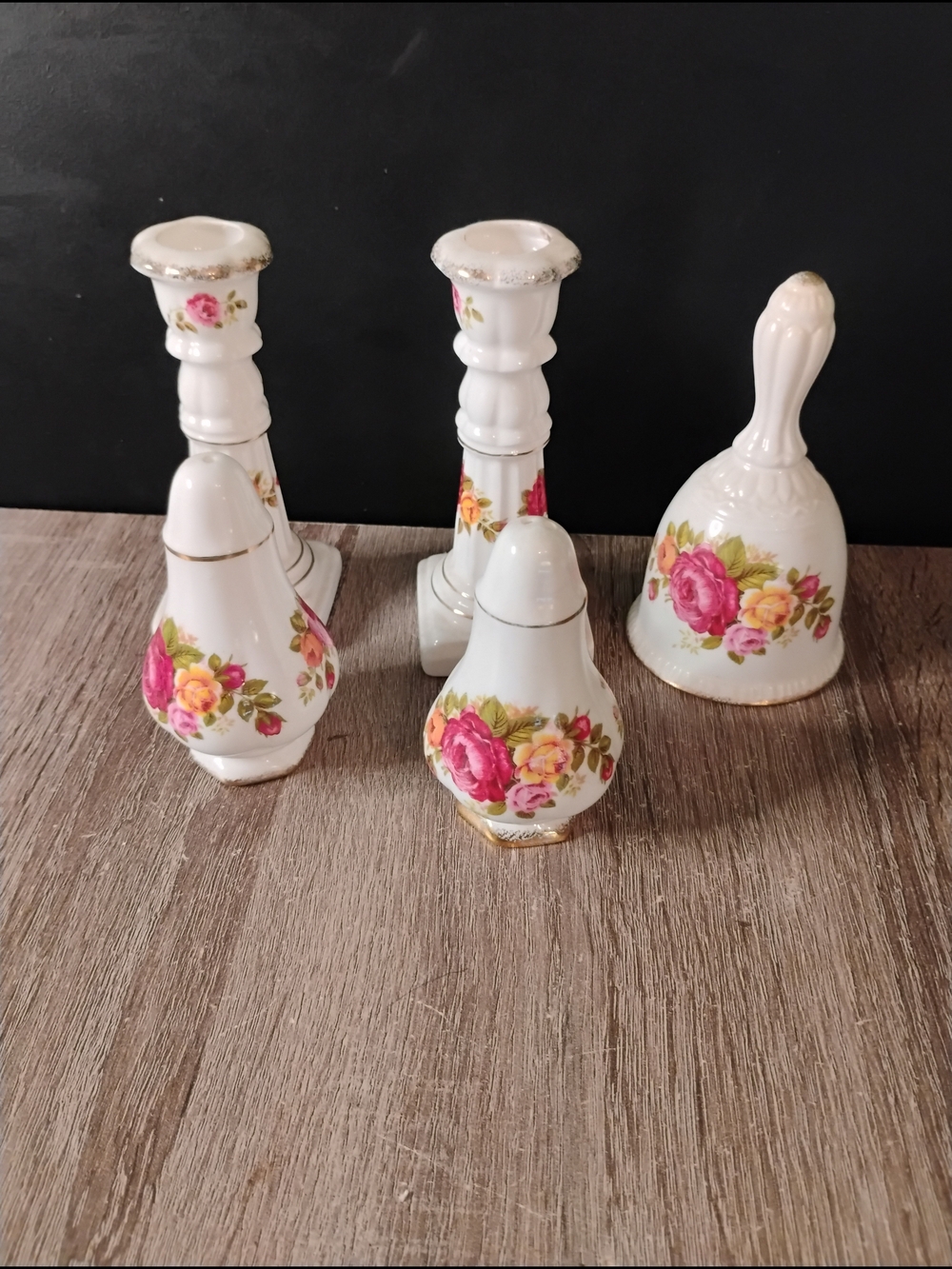 White Floral Porcelain Candle Holders, Bell & Salt Shakers Set